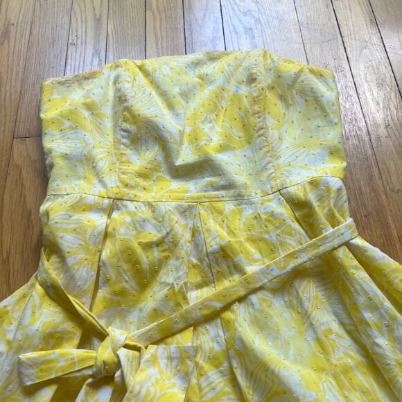 Lilly Pulitzer Size 6 Yellow & White Floral Swiss Dot Cotton Strapless Dress - Picture 7 of 16